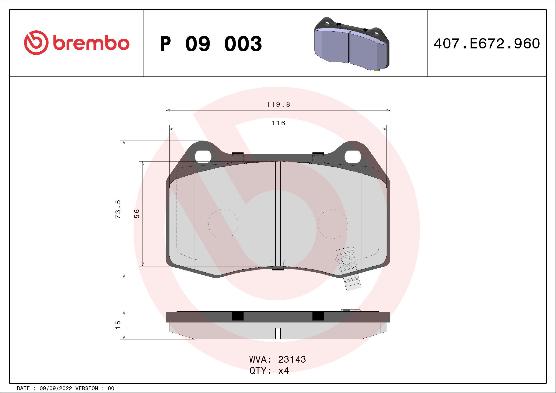 A.B.S. P 09 003 BREMBO Bremsbelagsatz, Scheibenbremse